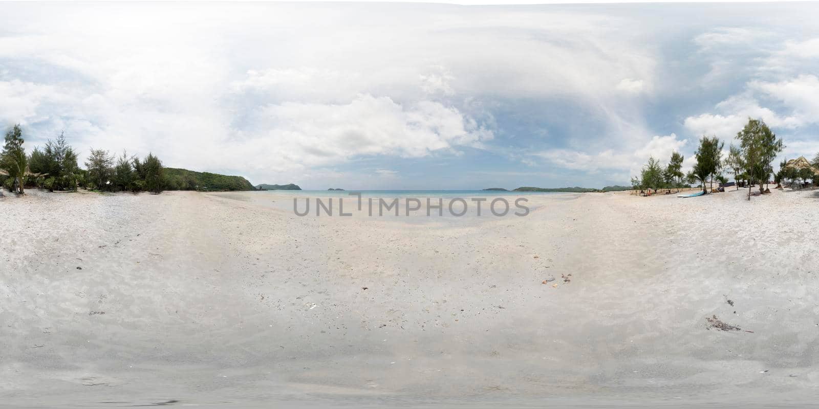 VR 360 panoramic white sand beach, Sattahip, Chon Buri, Thailand, white beach, clear blue sea,  StratoCumulus Cloud in  sky