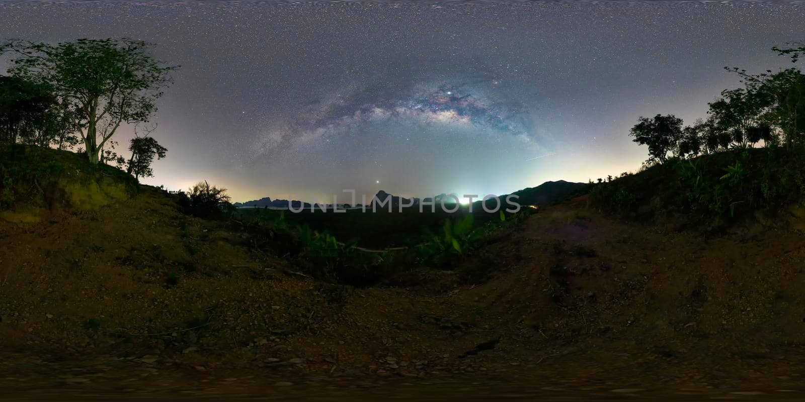 VR360 degree The Milky Way over the mountain in sea - Samed Nang Nee, Phang Nga Province, Thailand