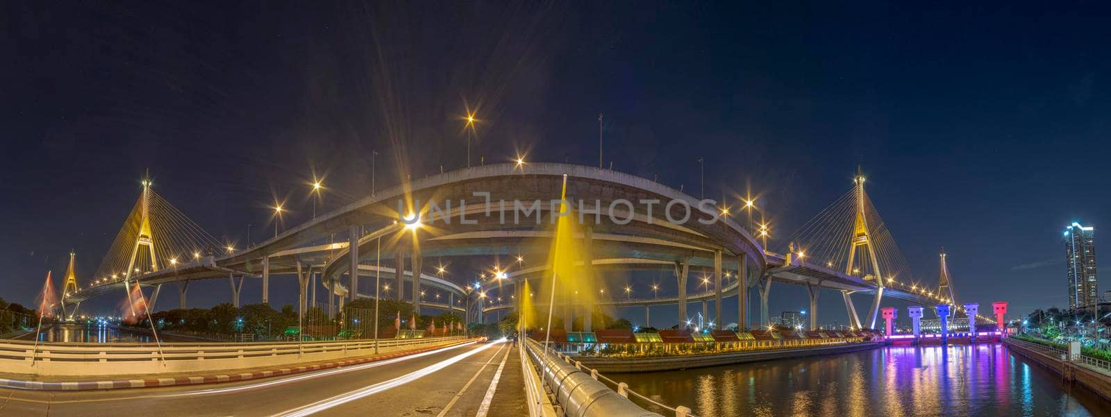 Bhumibol Bridge, Chao Phraya River Bridge. Turn on the lights in many colors at night.