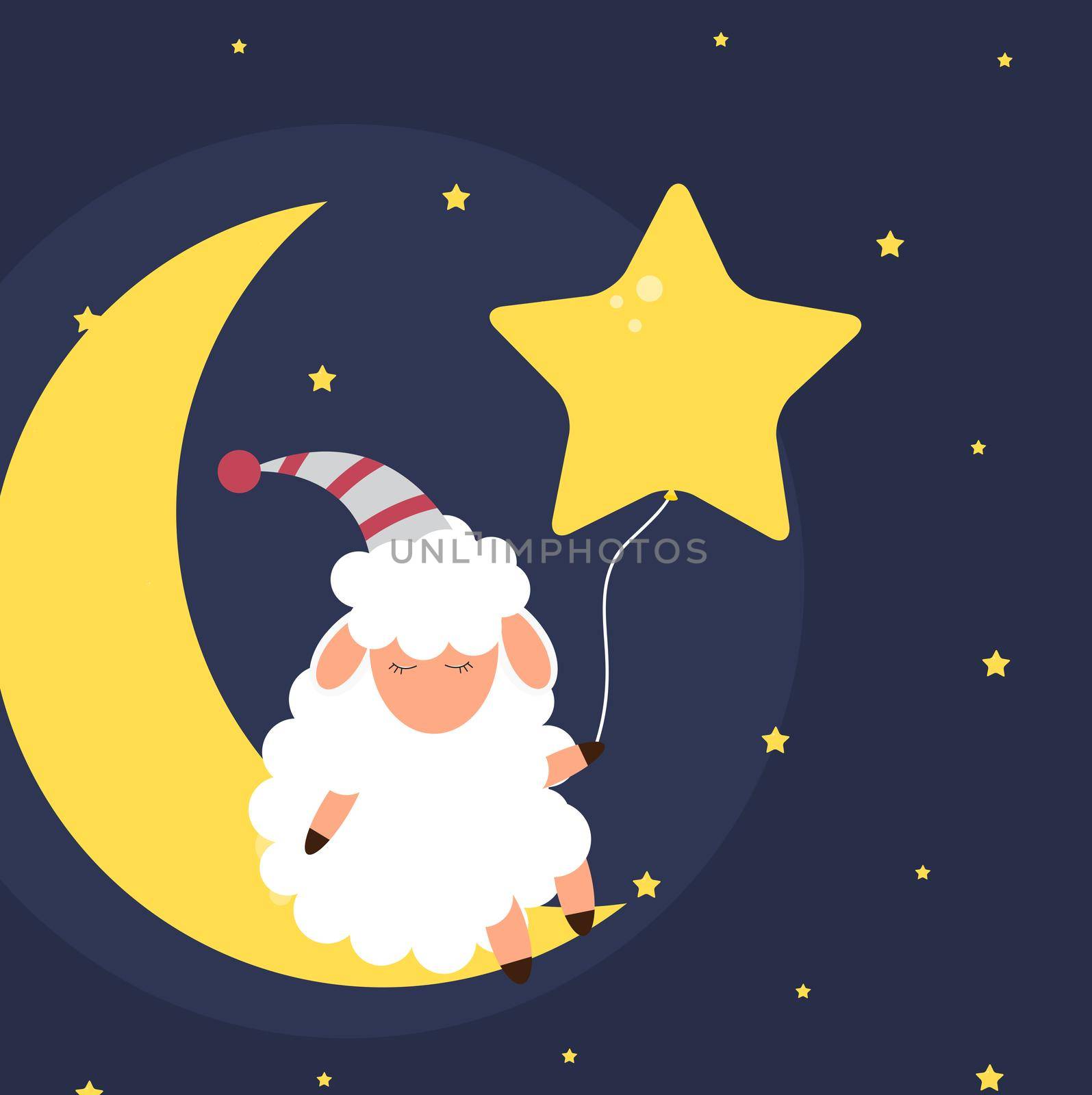 Cute little sheep on the night sky. Sweet dreams. vector illustration by yganko