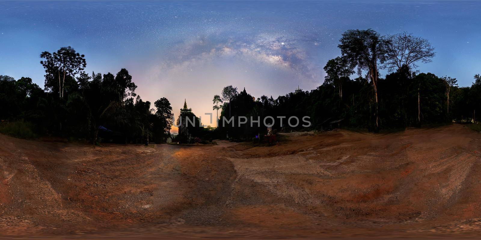 Panorama VR360, the Milky Way above the tree shadow during the Twilight Before sunrise, pagoda on the hilltop