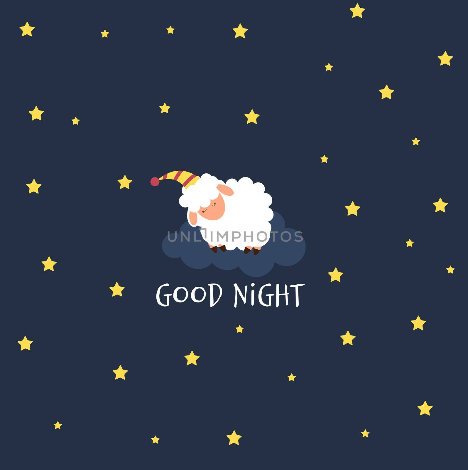 Cute little sheep on the night sky. Sweet dreams. vector illustration by yganko