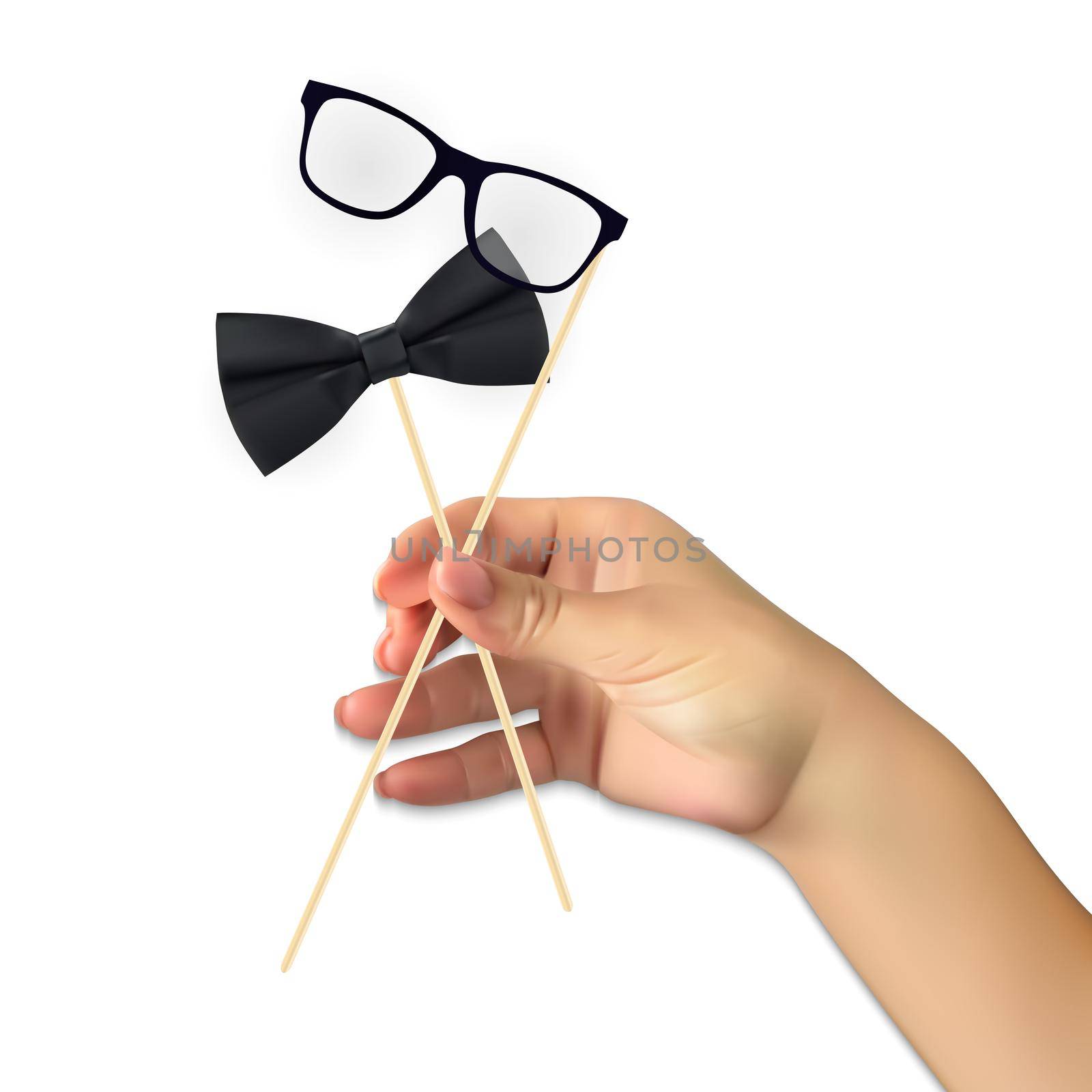 Realistic hand of man holds presumed bow and glasses on a stick. Vector Illustration by yganko