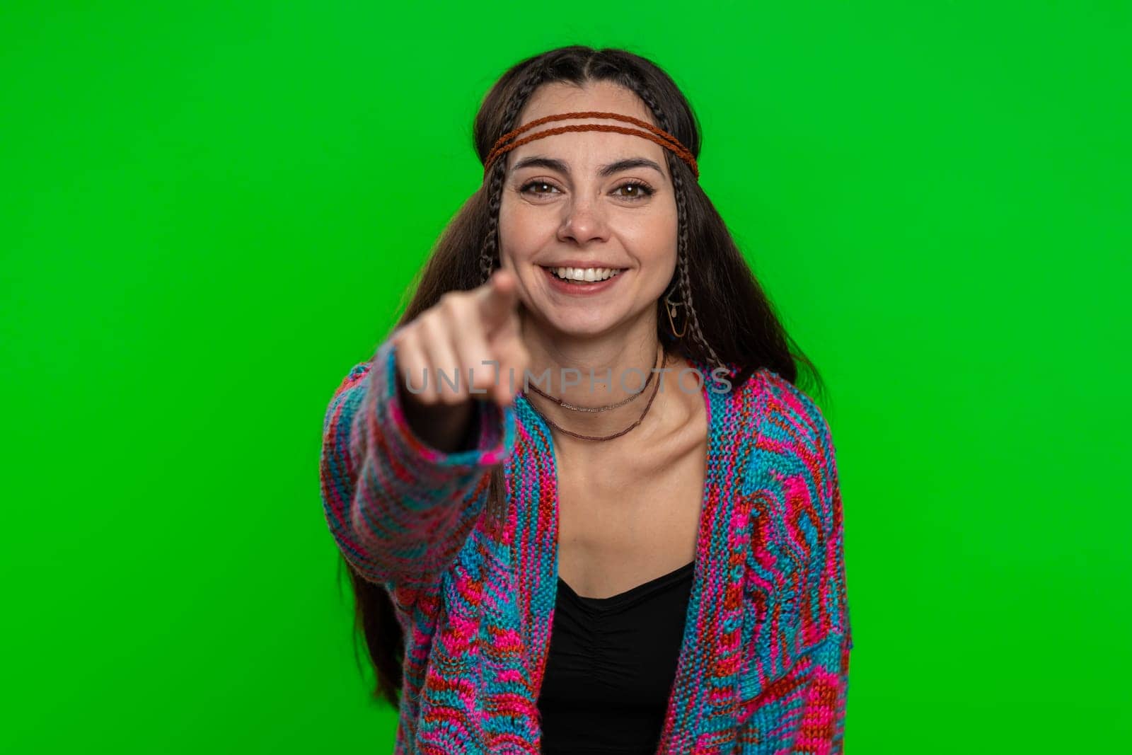 Amused hippie woman pointing finger to camera, laughing out loud, taunting making fun of ridiculous appearance, funny joke anecdote. Pretty girl isolated alone on chroma key background, green screen