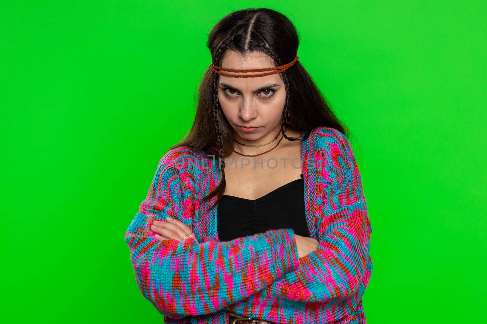 Offended sad nervous woman having misunderstanding, frustrated after quarrel, fail, lose, ignores and does not want to communicate, talk. Girl isolated on chroma key background. People lifestyles