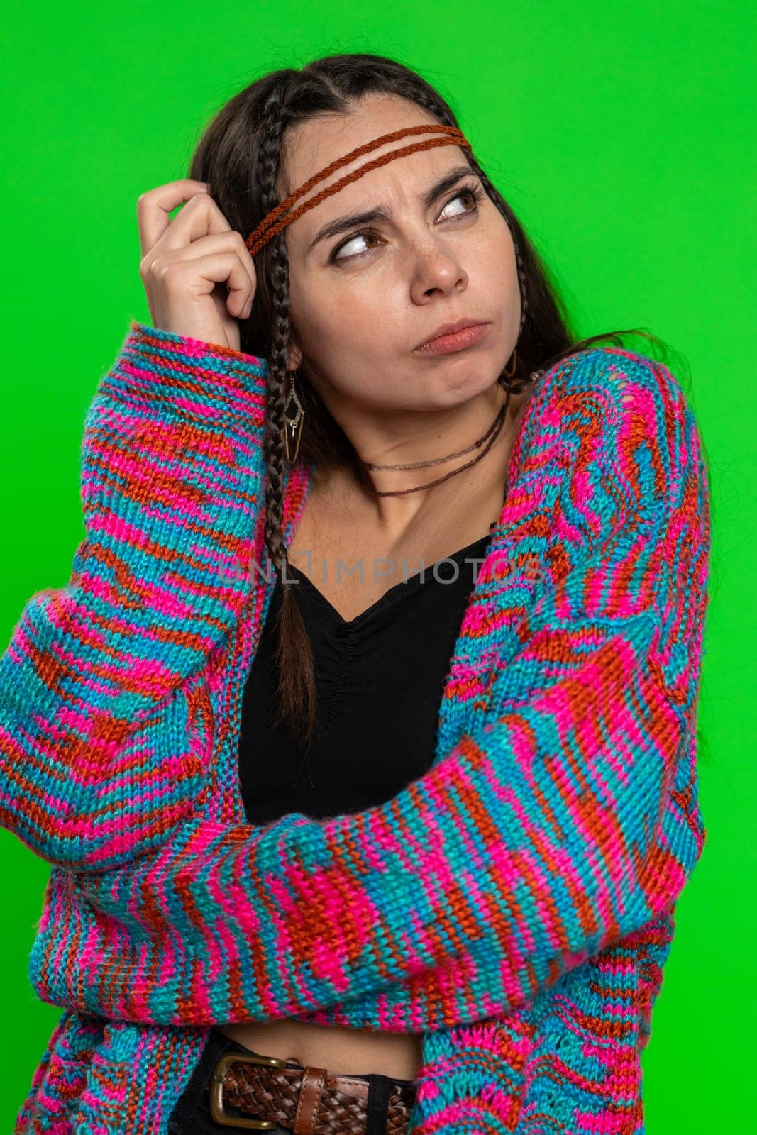 No idea, I dont know answer. Puzzled clueless uncertain attractive woman raising hands in helpless gesture, embarrassed confused by difficult question. Confused girl on green chroma key background