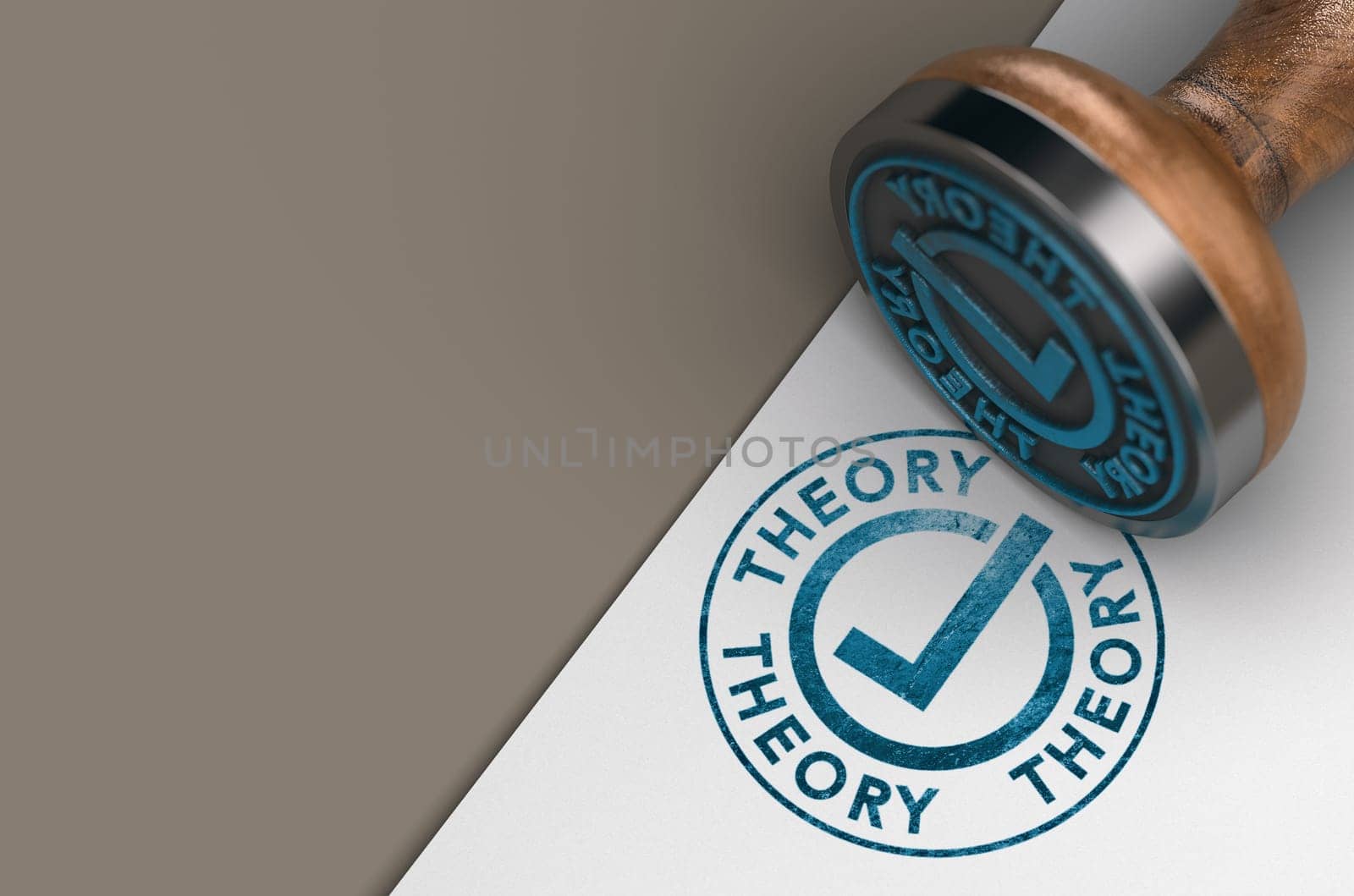 Word theory and check mark stamped on white paper sheet with wooden rubber stamp and copy space. 3D illustration.