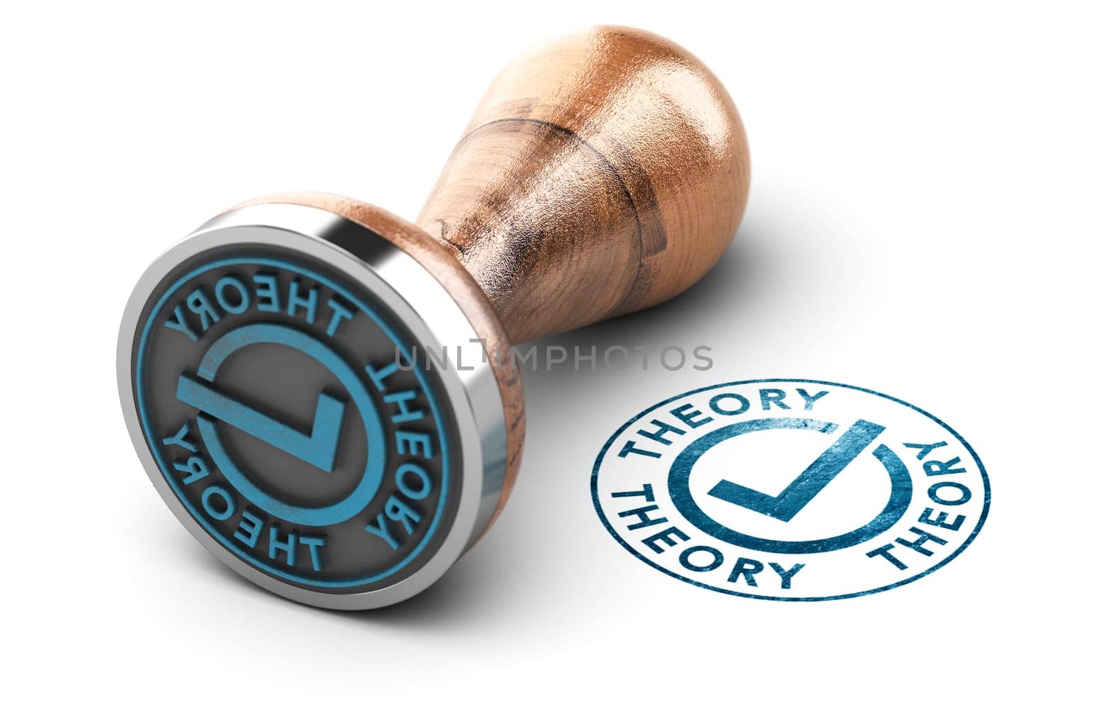 Round rubber stamp with the word theory and a check mark Over White Background. 3D illustration.