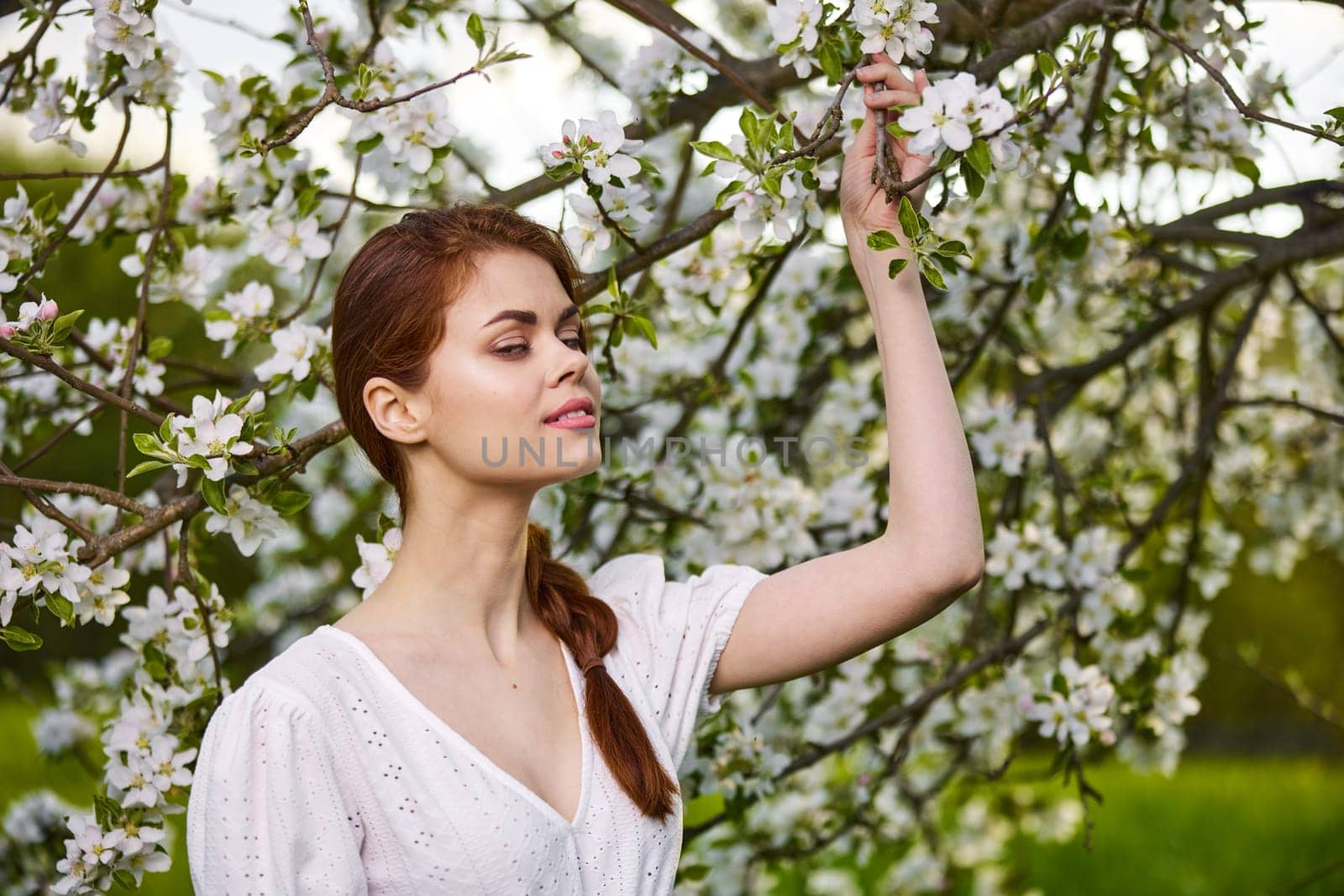 a beautiful, lovely woman stands next to a flowering tree holding her hands on the branches. High quality photo