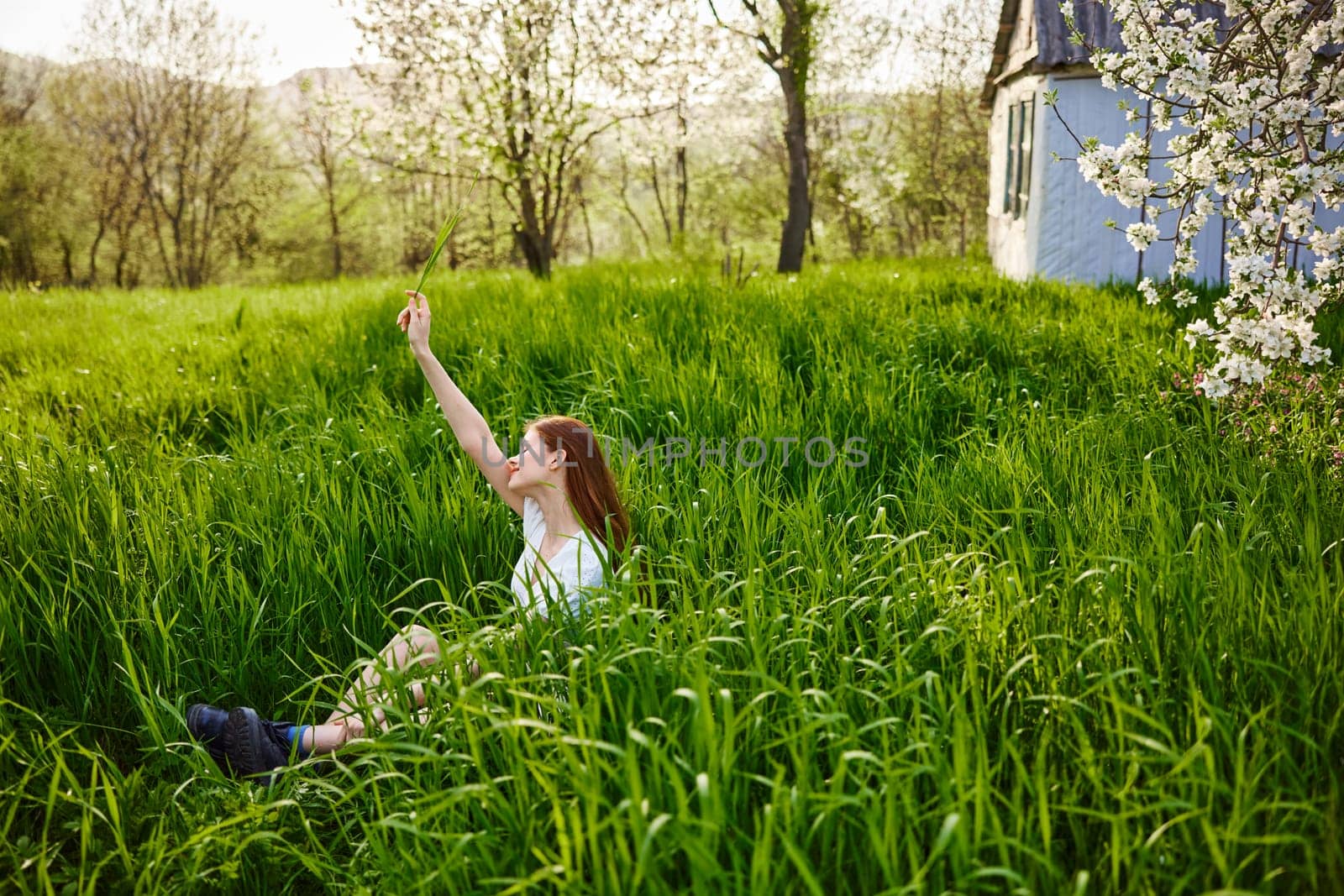 a cute woman sits in tall grass against the background of an old house. High quality photo