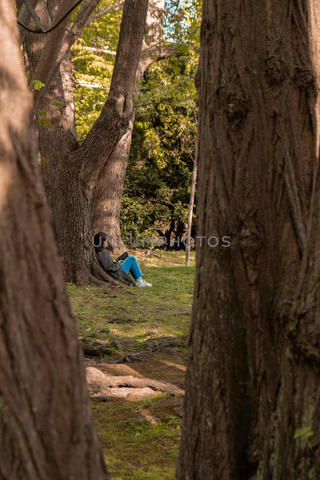 Attractive young woman reading book while sitting on grass in green public park. Springtime outdoors. Greenery unity with nature. Spend free time on open air. Education concept