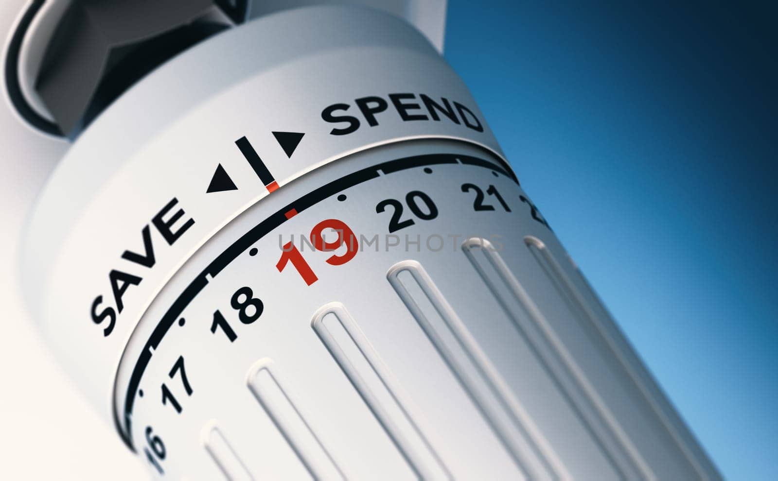 Close up of a thermostat set on 19 degrees with the the words save and spend. Concept of saving or spending money by controlling temperature. 3D illustration.