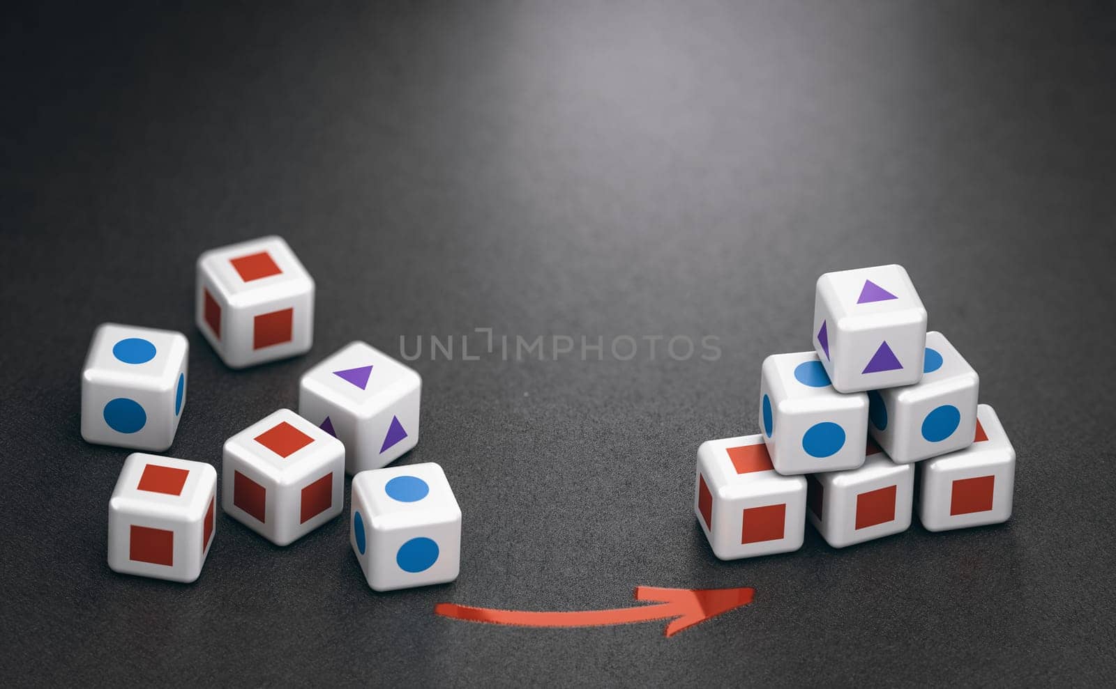 Cubes in a mess and organized ones over black background. Concept of disorganization vs organisation. 3d illustration.