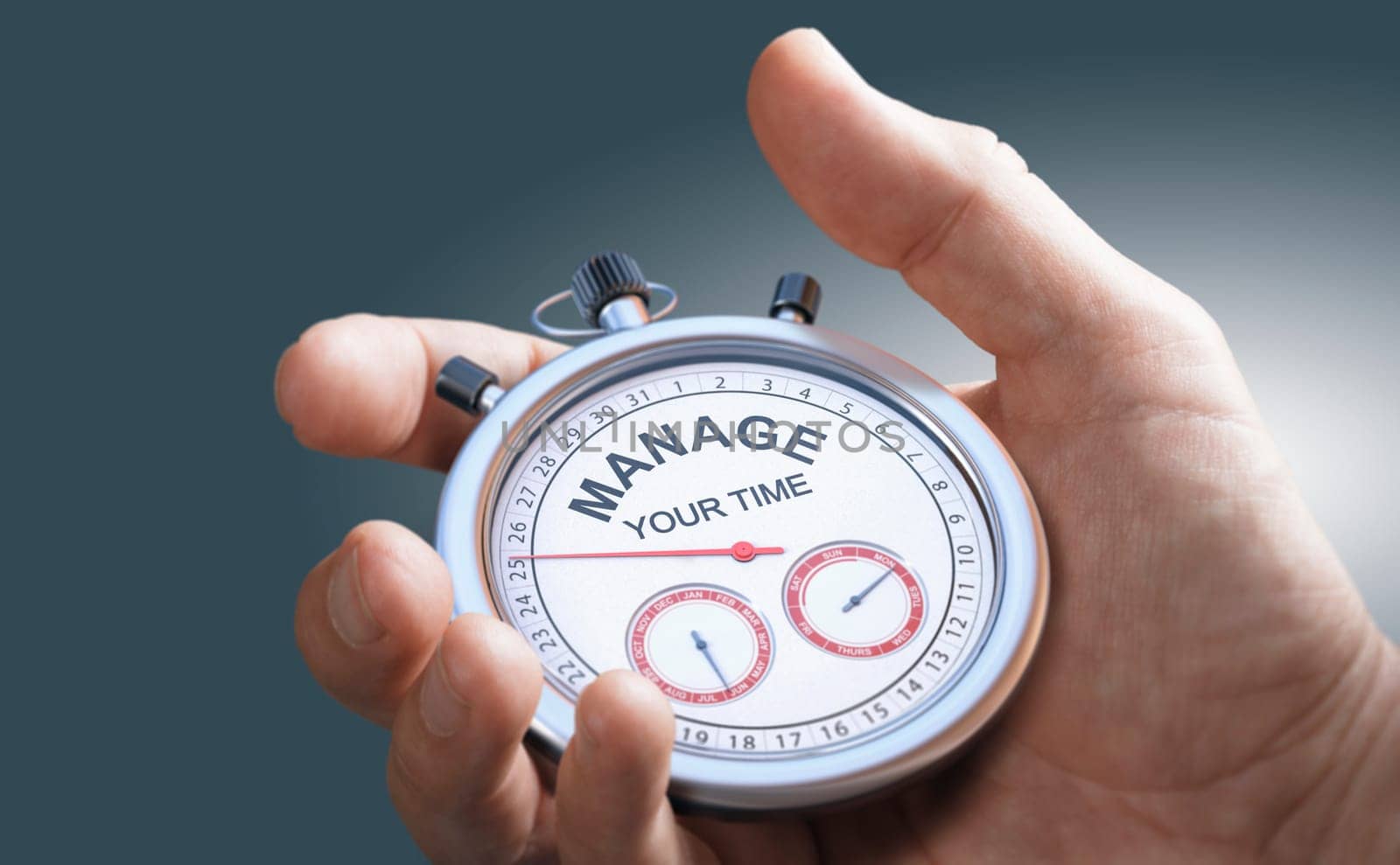 Hand holding a conceptual stopwatch. Time Management, Scheduling and Productivity.