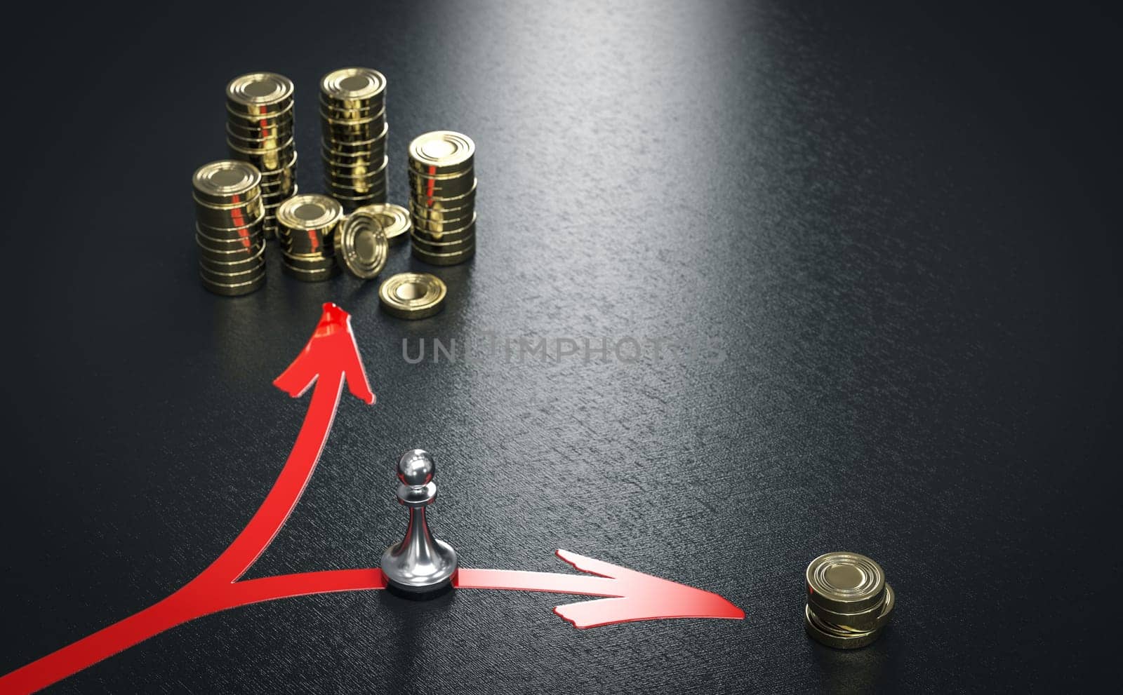 Pawn making the wrong choice. Concept of bad investment decision making. Impulsive or emotional Investing. 3D illustration.