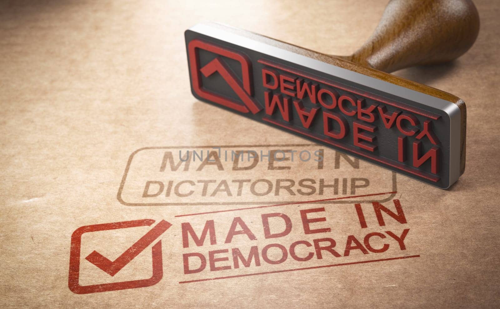 3d illustration of a rubber stamp with the text made in democracy or in dictatorship. Concet of purchasing ethics or ethical procurement.