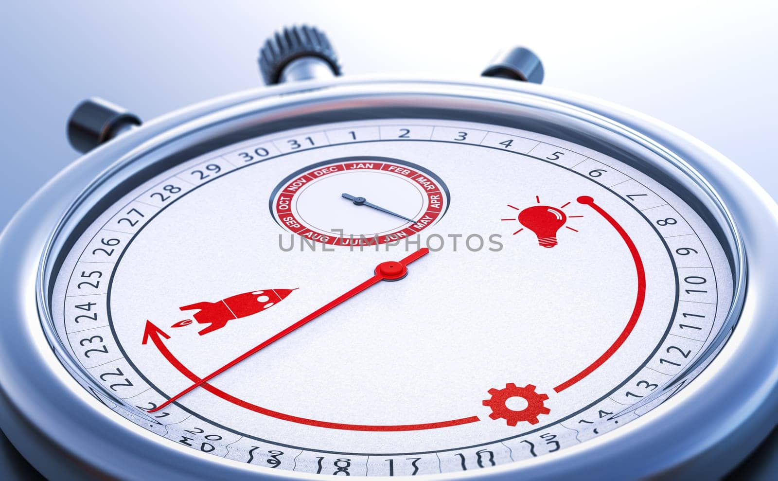 Conceptual stopwatch describing the time to create, develop and launch a new project. TTM, Time To Market and project management concept. 3d illustration