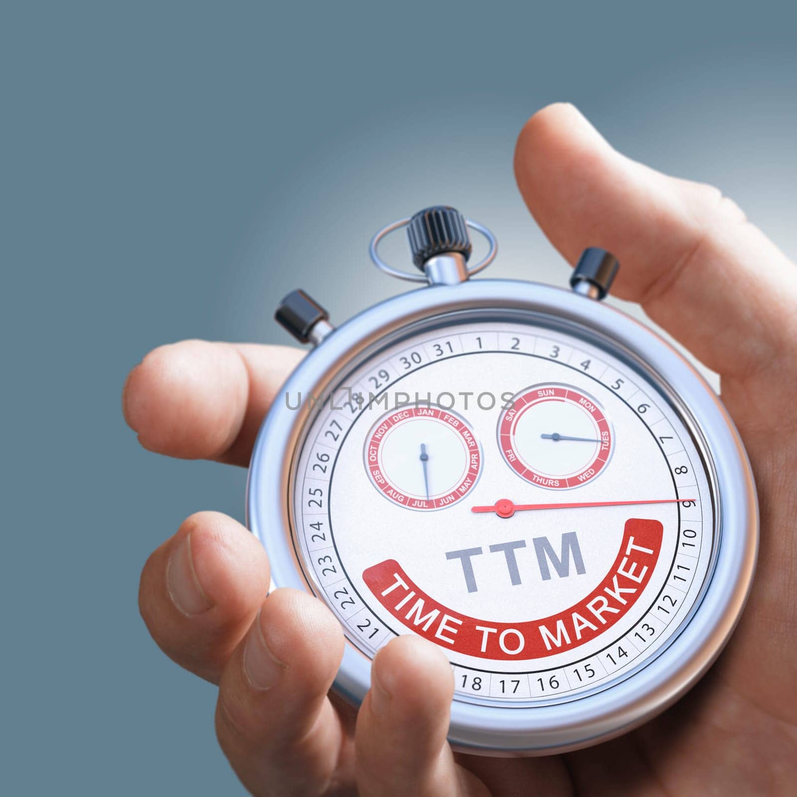 Hand holding a conceptual stopwatch with the accronym TTM Time To Market with copy space.