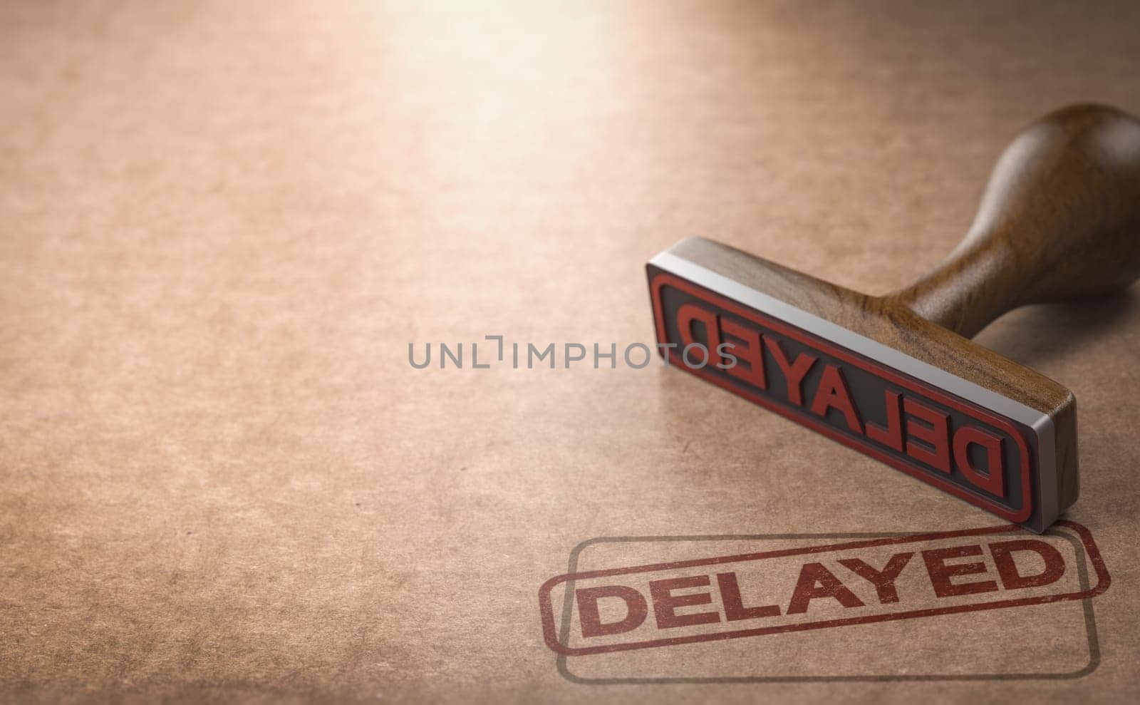 Rubber stamp over cardboard background with the word delayed stamped on it. 3d illustration