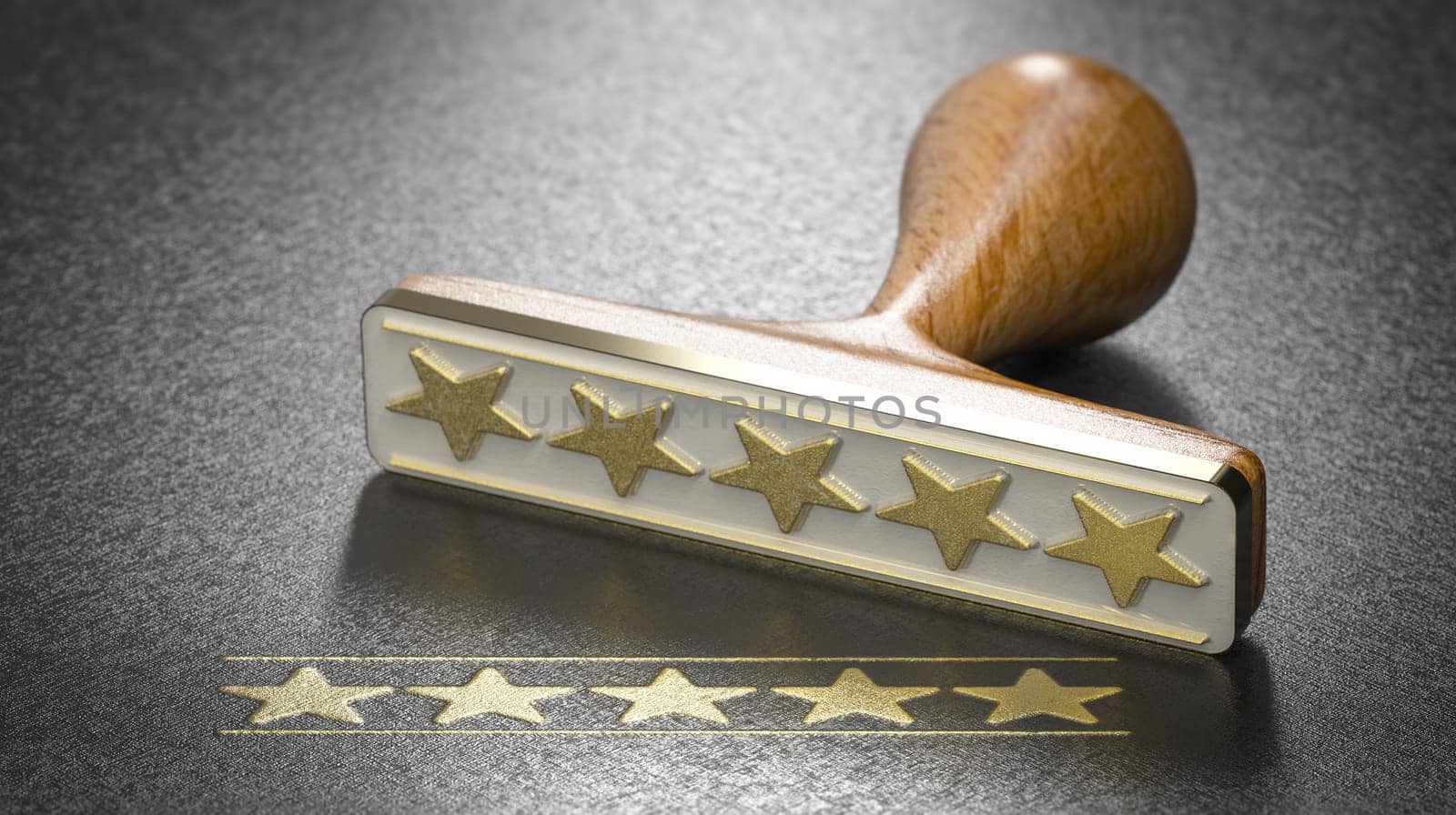 Five golden stars and a rubber stamp over black background. Concept of customer satisfaction. 3d illustration.