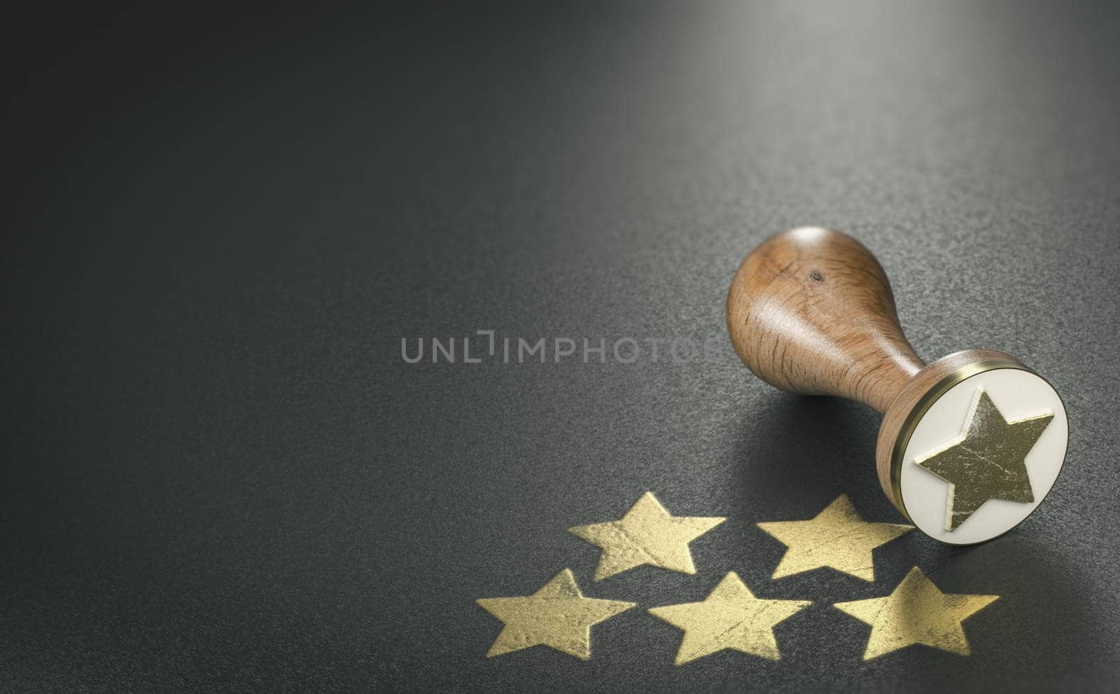 Rubber stamp with one golden star, over black background with five stars. Service quality rating concept. 3d illustration with copy space.