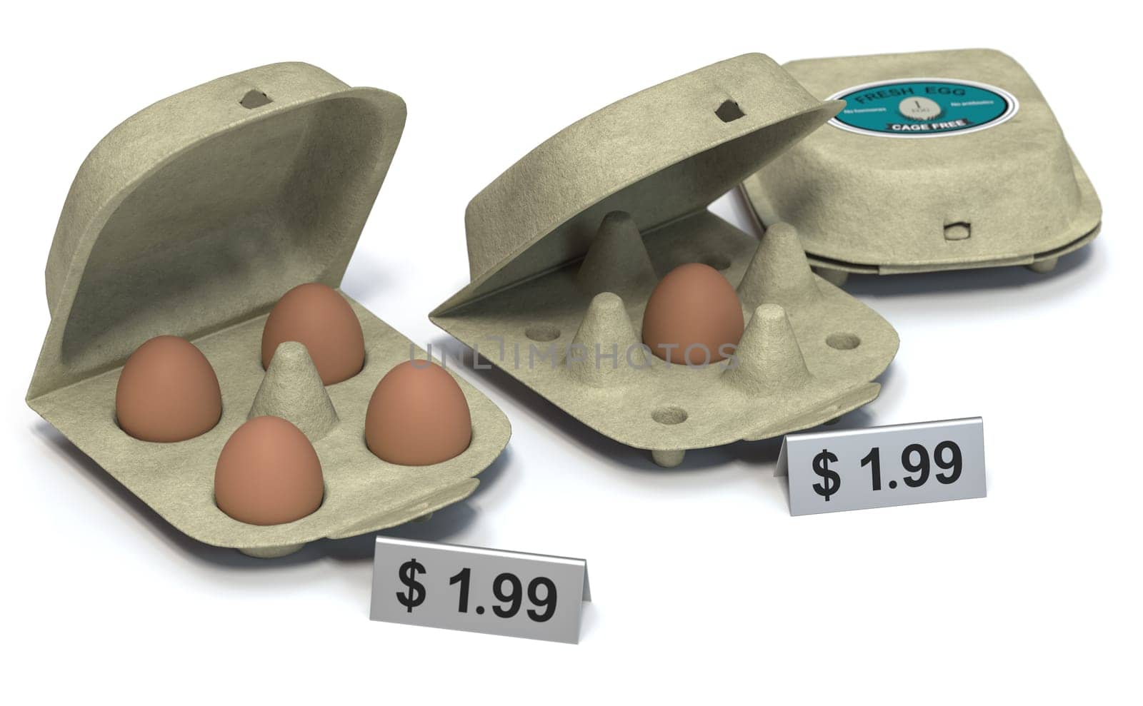 3D illustration of cartons with one and four eggs with the same price. Marketing concept of shrinkflation