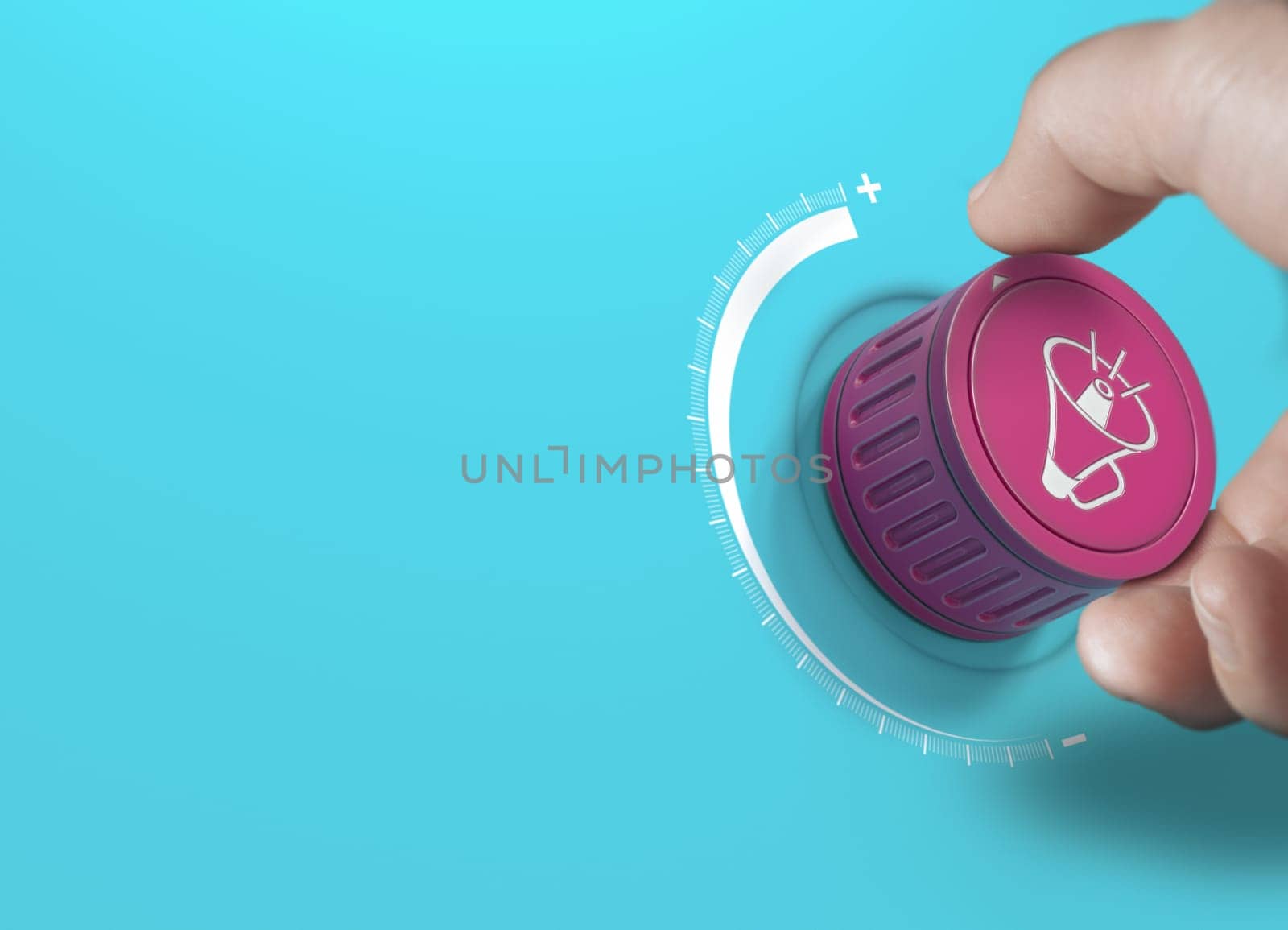 Man turning a pink knob with a megaphon icon. Brand communication strategy and advertising concept over blue background with copy space.
