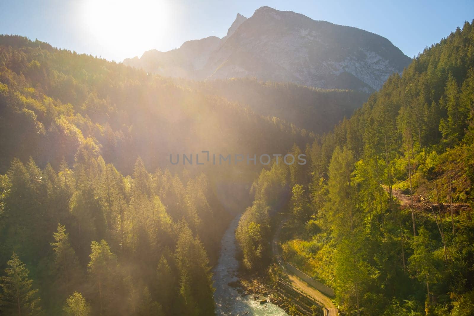 Incredible autumn view of Dolomite Alps and mountain river in the forest