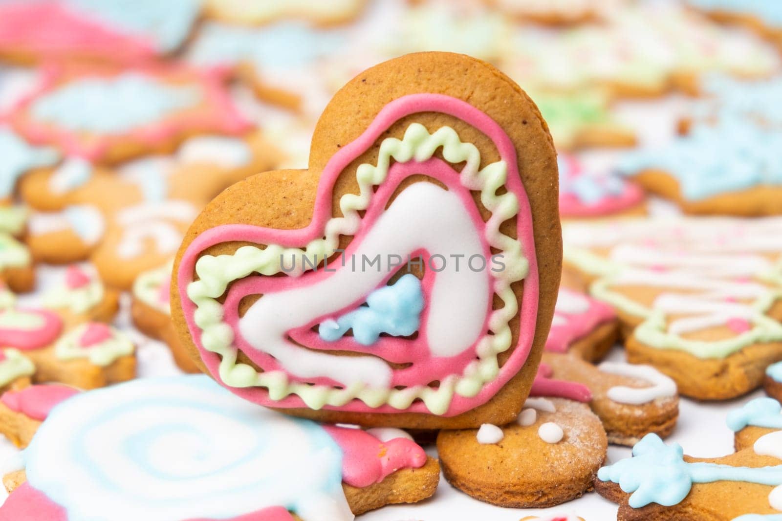 Heart shaped sugar cookies for St Valentines Day with colorful icing by vladimka