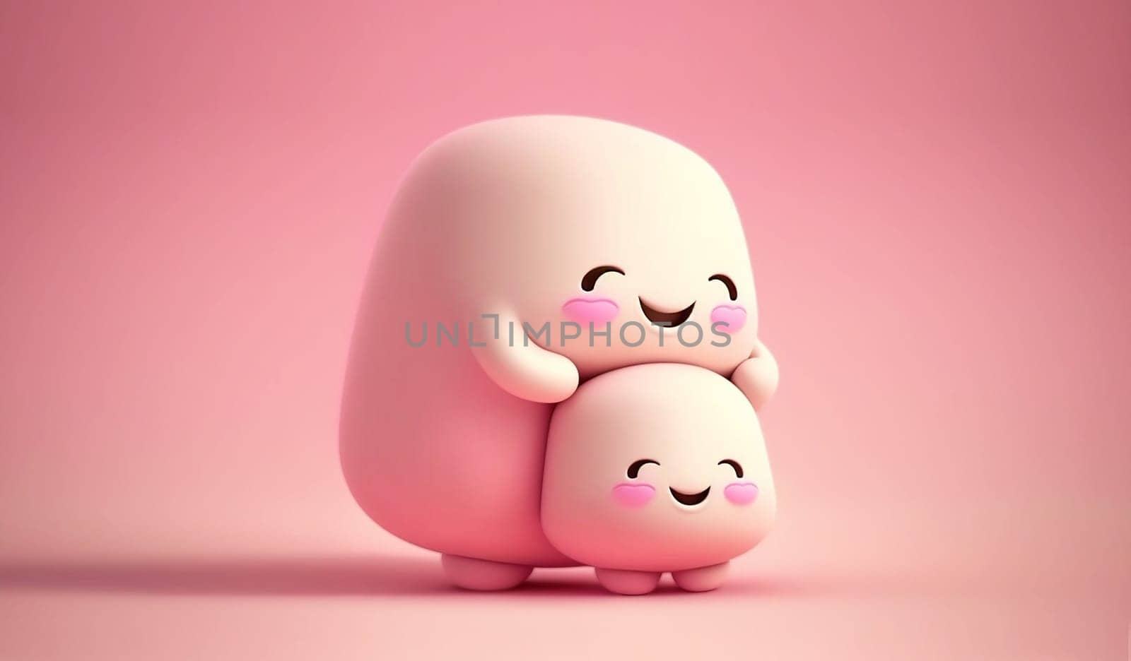 Lovely creatures embrace. Mothers hugs. Friendship. Cute abstract characters on a pink background. Mothers Day. AI Generated