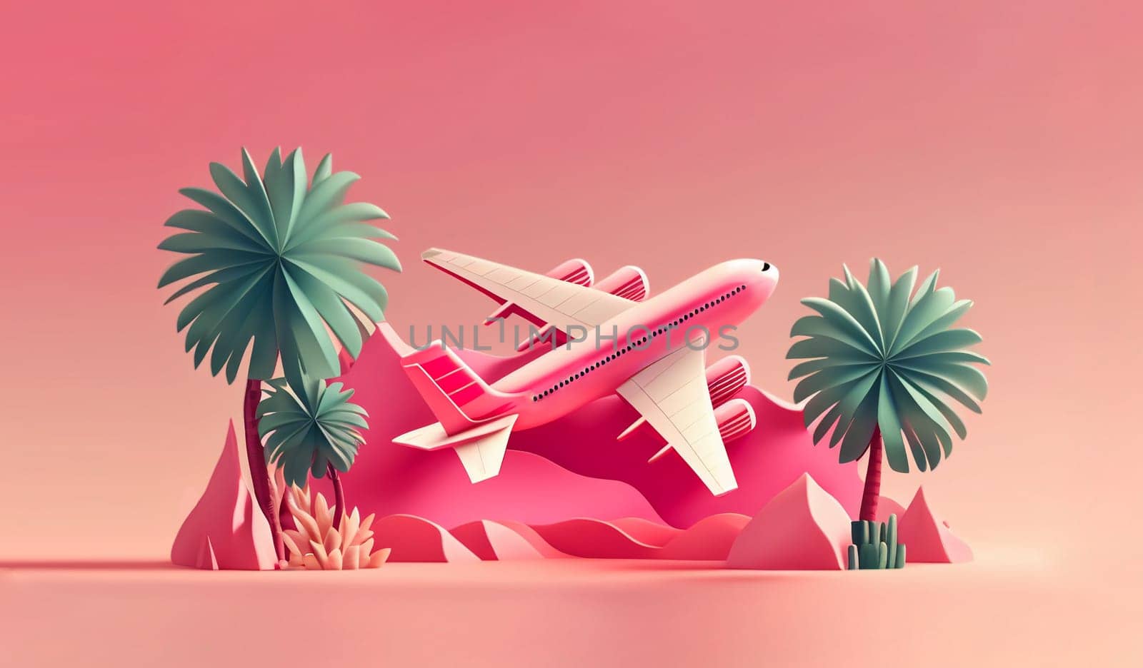 AI Generated illustration of palm trees, plane and mountain. Travel and paradise island concept on pink background