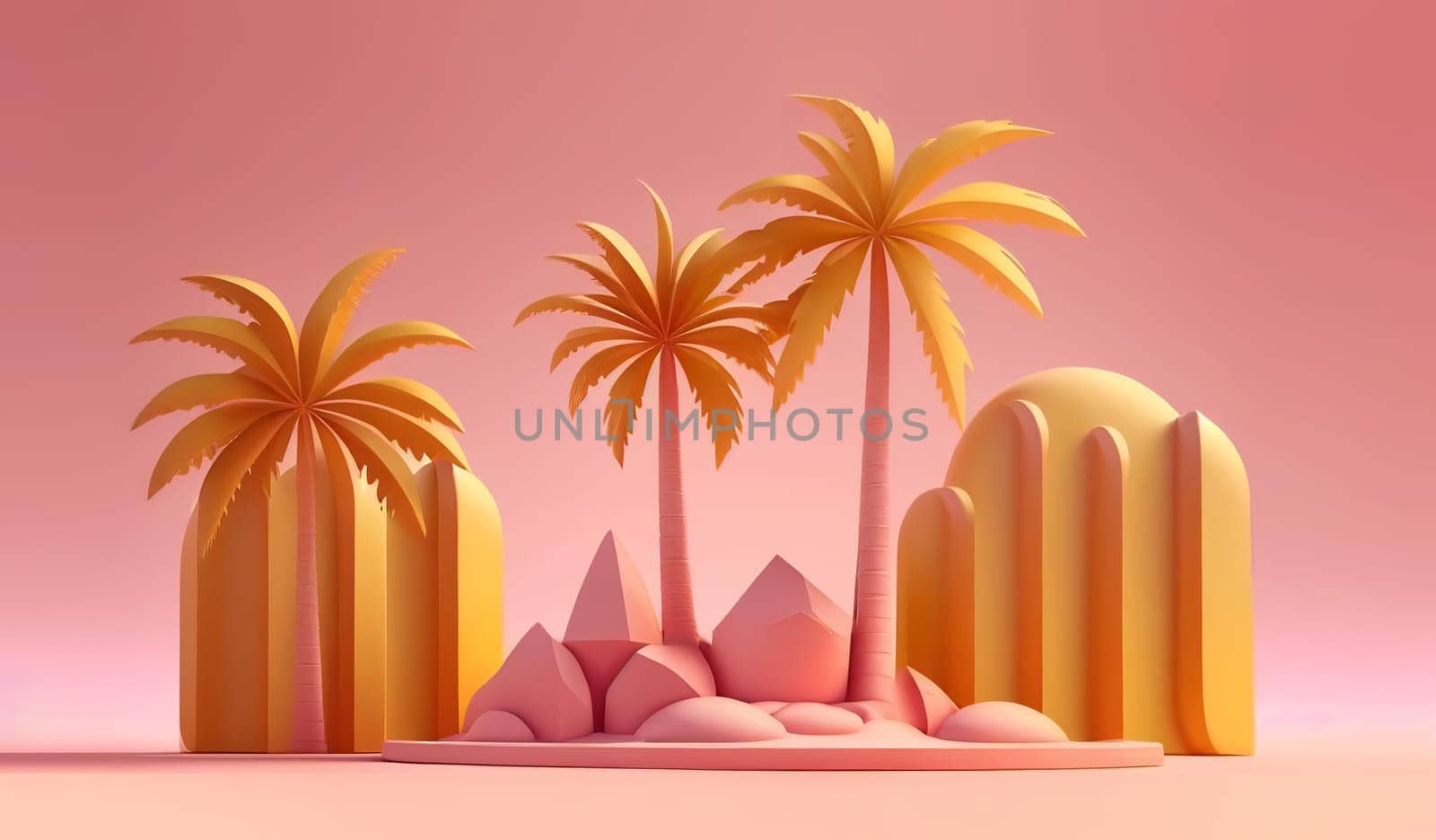 AI Generated abstract illustration of palm trees and mountains. Travel and paradise island concept on pink background