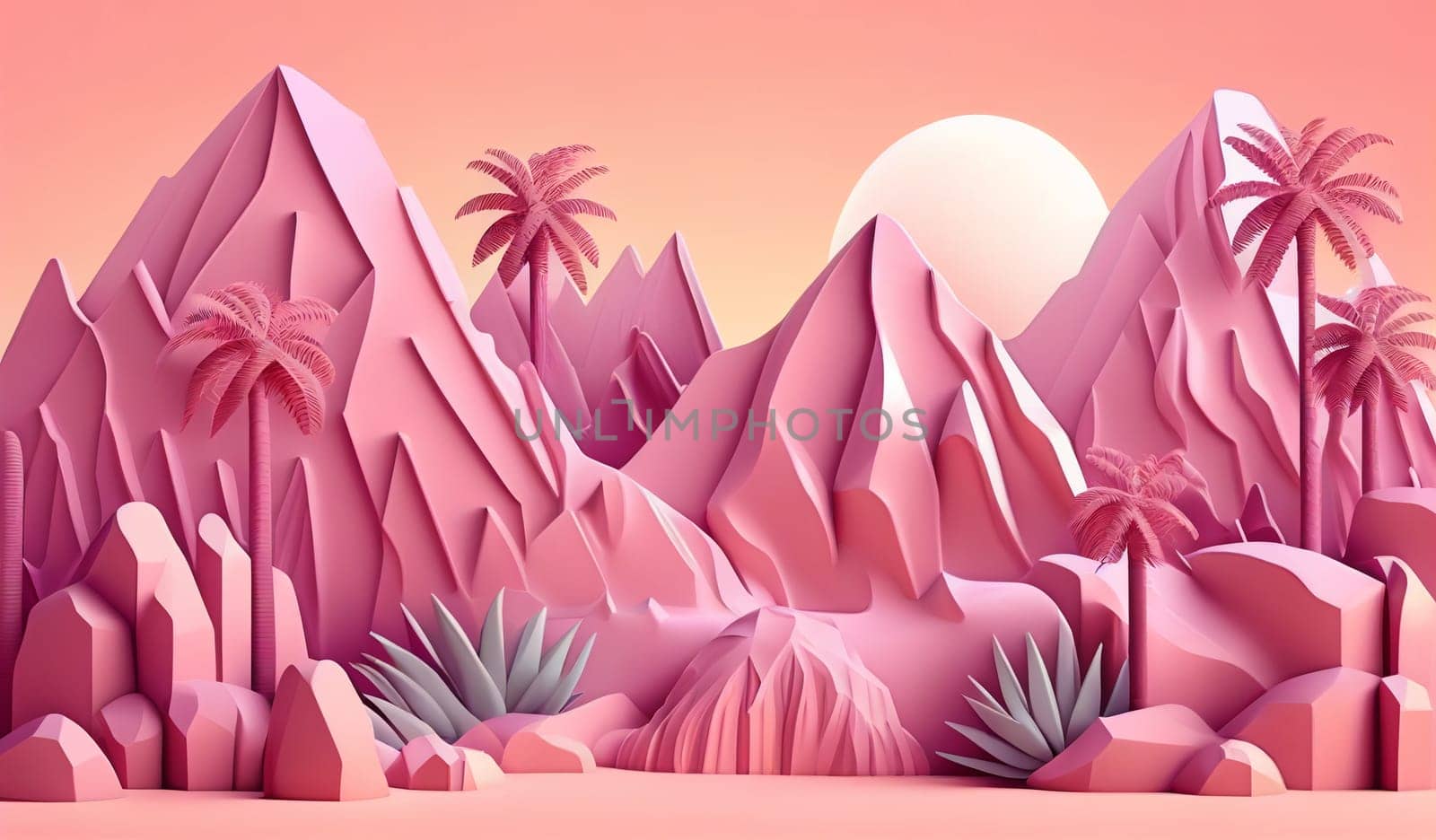AI Generated illustration of palm trees and mountains. Travel and paradise island concept on pink background