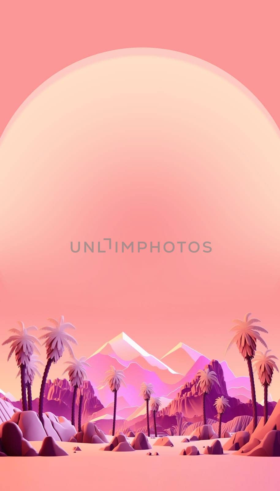 AI Generated illustration of palm trees and mountains. Travel and paradise island concept on pink background. Vertical photo