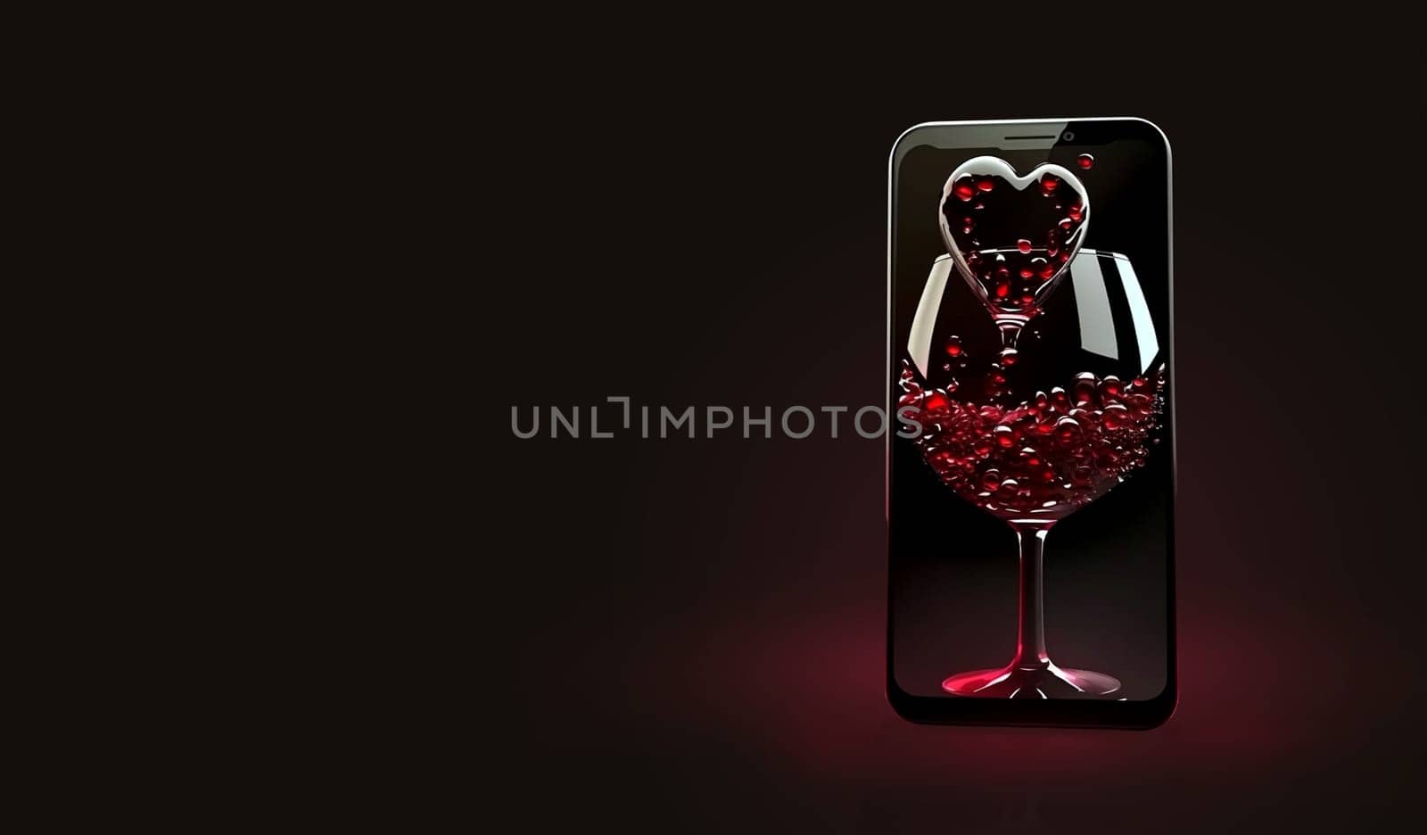 AI Generated banner with smartphone and glass of wine on black background. Online dating and romantic dating concept. Augmented reality