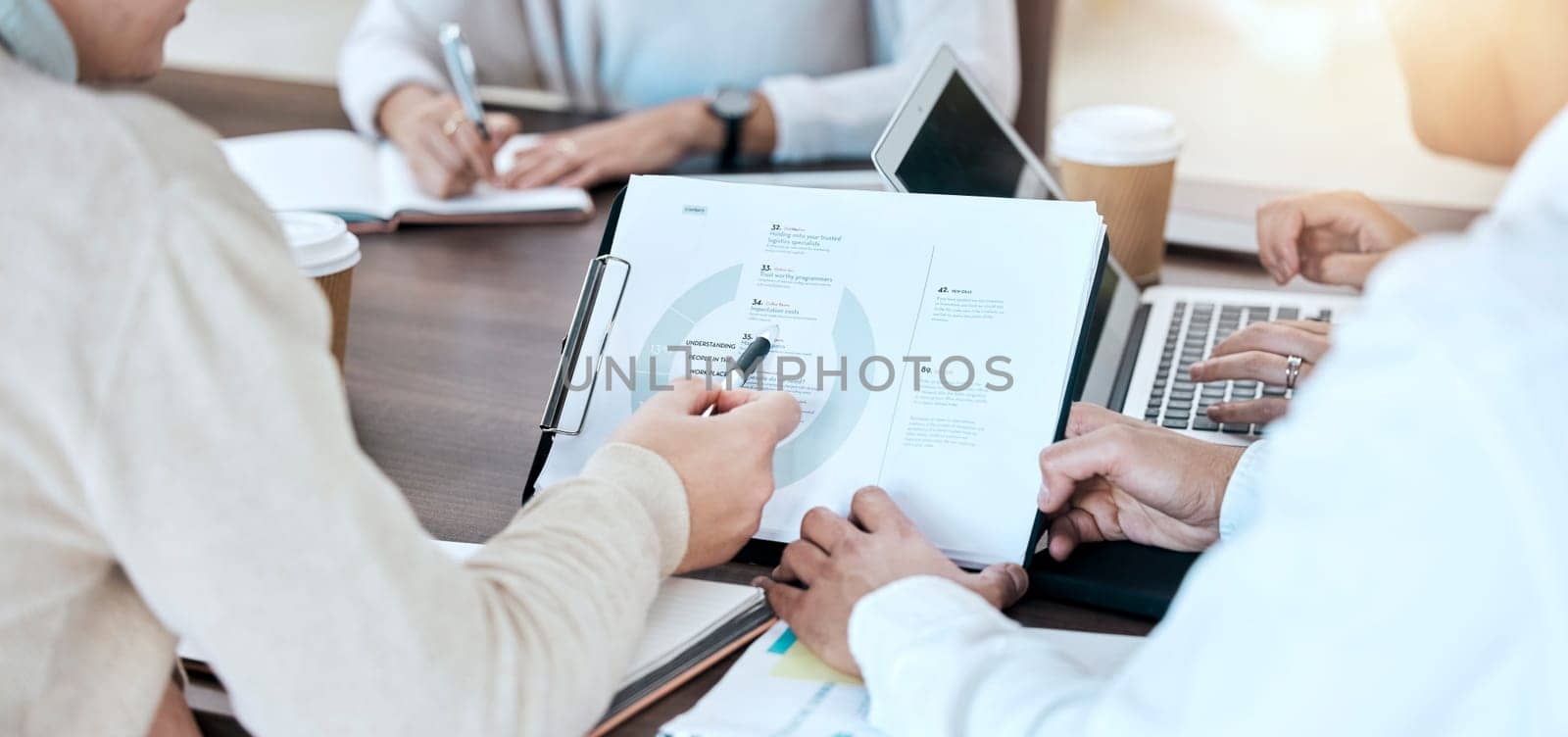 Data analysis, report and businesspeople planning and analyzing graphs for financial growth strategy in a meeting. Hands, teamwork and group of people working together in a corporate office.