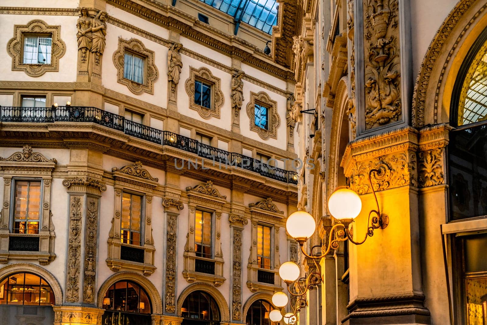 Milan, Italy - 16 August 2019: Interior decoration of walls in Milan Gallery. Galleria Vittorio Emanuele II.