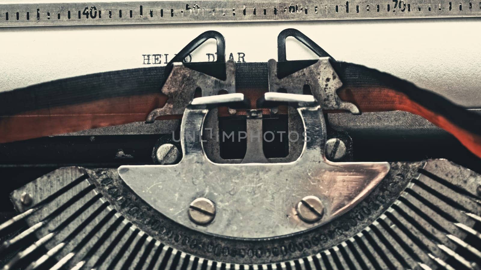 Vintage typewriter with text Chapter One, close up view