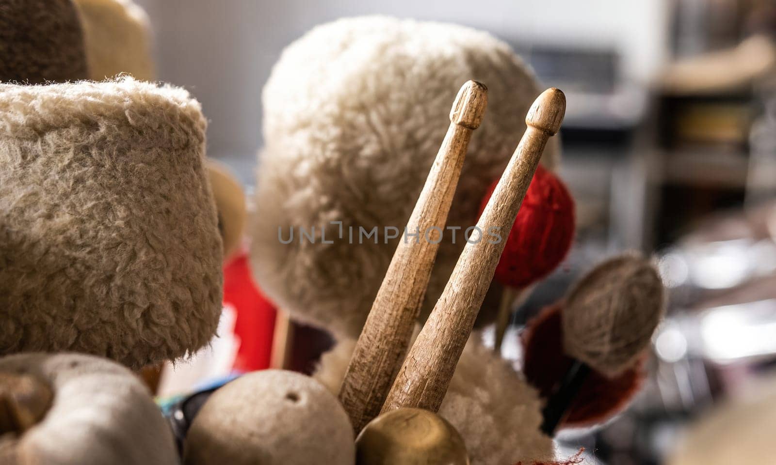 Different types of drumsticks for drum live music perfomance closeup. Percussion sticks for rock concerts in recording studio