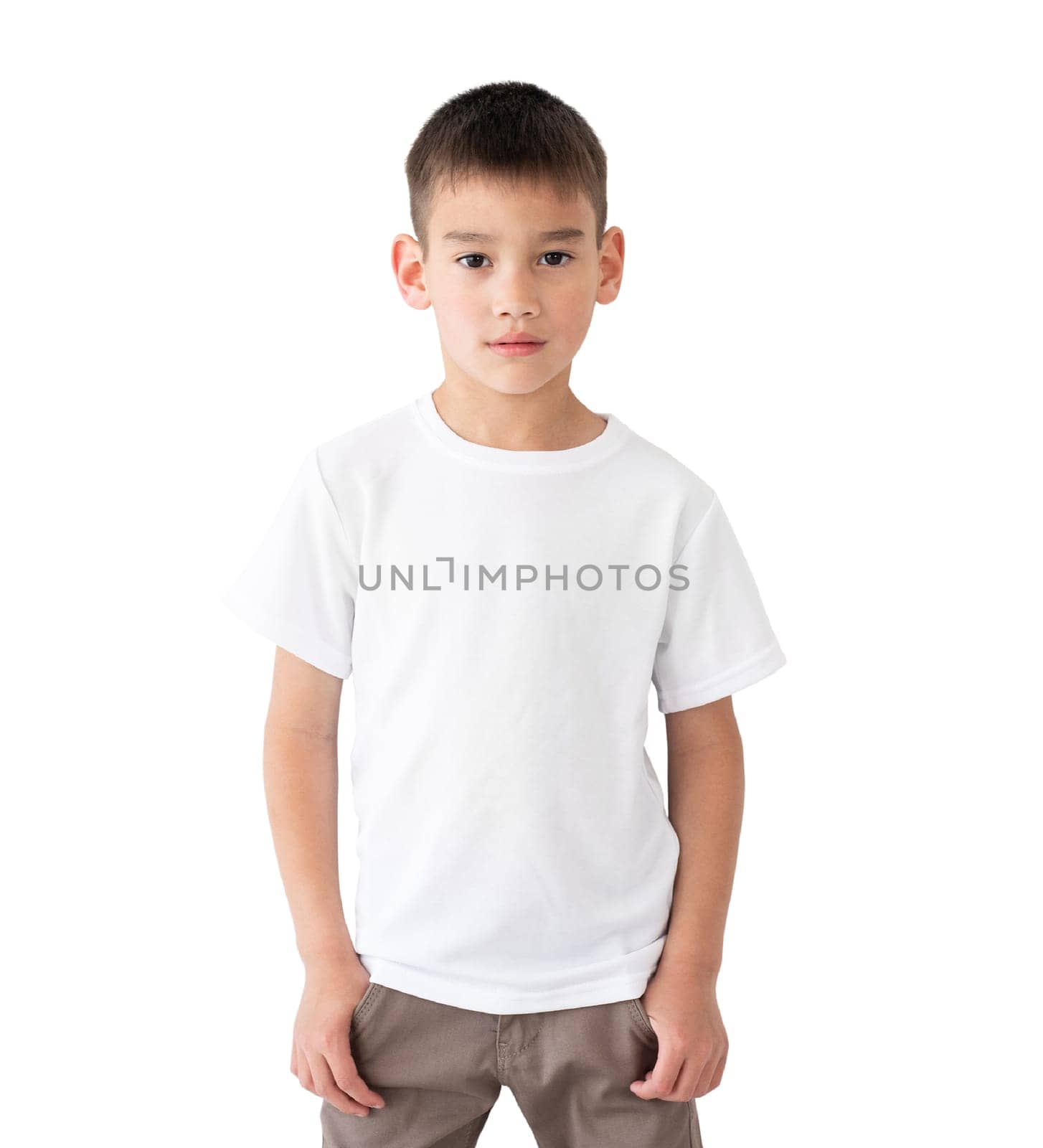 T shirt mock up. Cute little boy in blank white t-shirt isolated on a white background.