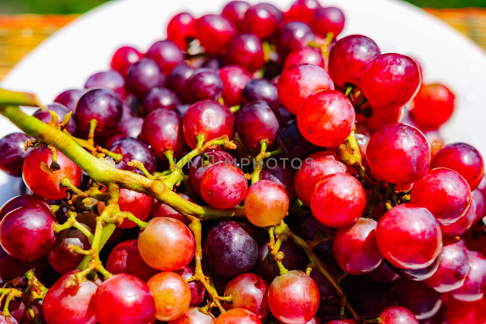 A bowl of grapes is shown on a green background.