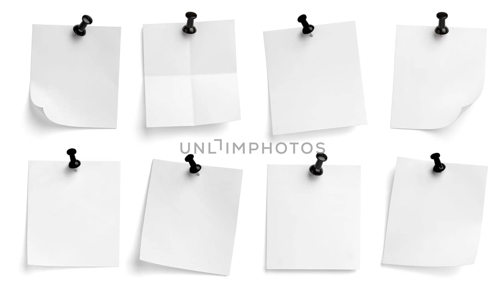 collection of various note paper with a push pin on white background