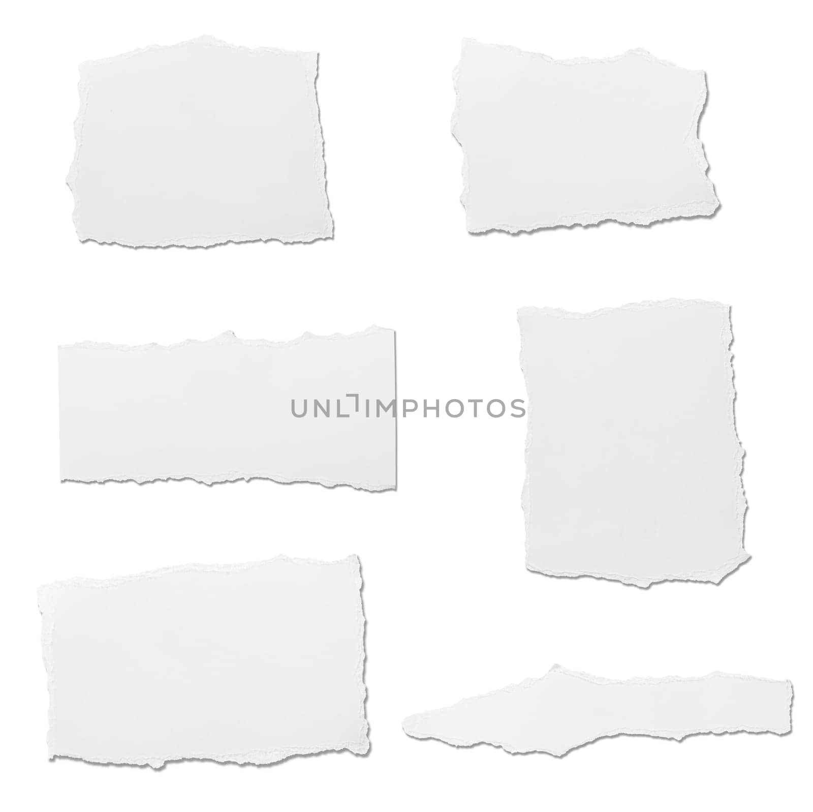 collection of white ripped pieces of paper on white background. each one is shot separately