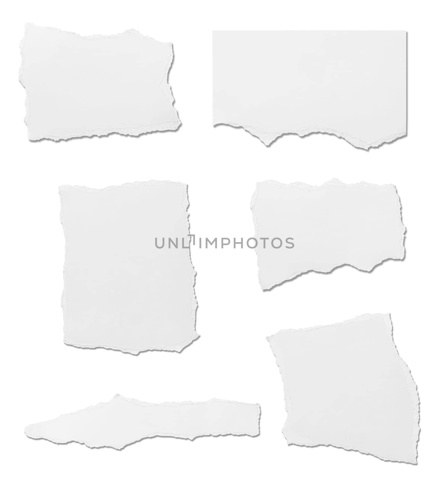 collection of white ripped pieces of paper on white background. each one is shot separately