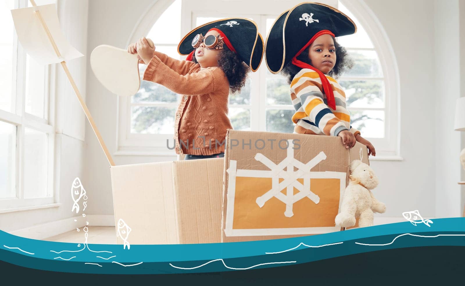 Sailing, box ship or pirate children role play, fantasy imagine or fun pretend in cardboard yacht container. Sea captain sailor, ocean boat game or portrait black kids on Halloween cruise adventure.