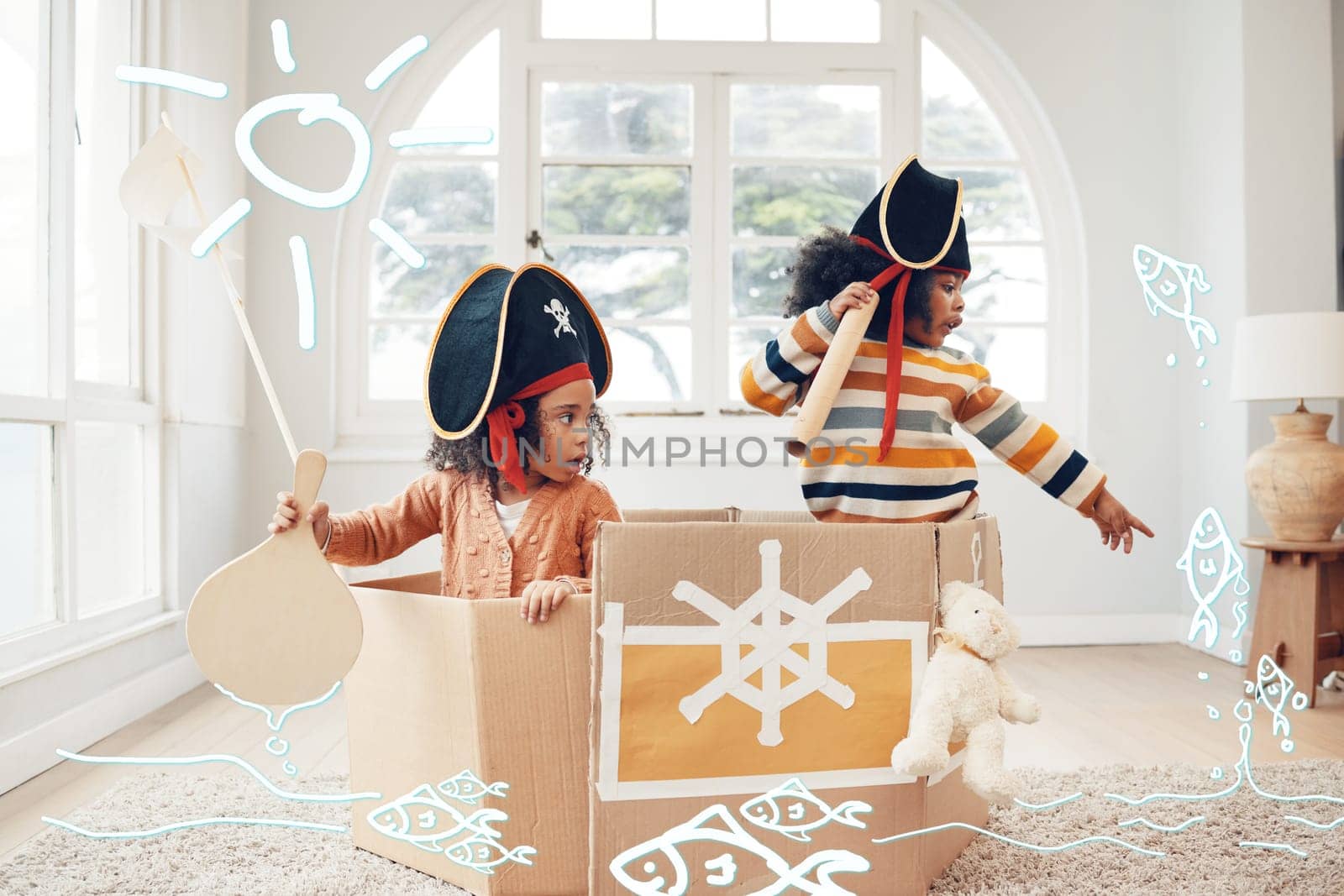 Play, box ship or pirate children point at fantasy fish, role play, or pretend in cardboard container. Boat trip, fun home game or sailing black kids on Halloween cruise journey with yacht captain.