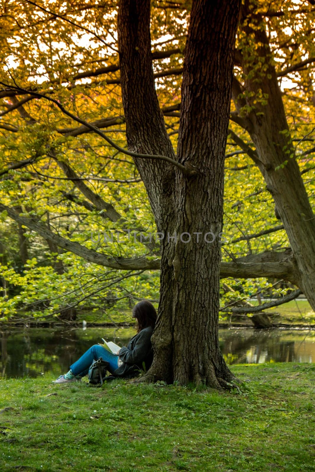 Attractive young woman reading book while sitting on grass in green public park. Springtime outdoors. Greenery unity with nature. Spend free time on open air. Education concept