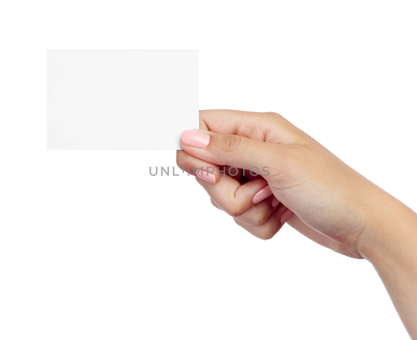 close up of a female hand holding blank note card sign on white background