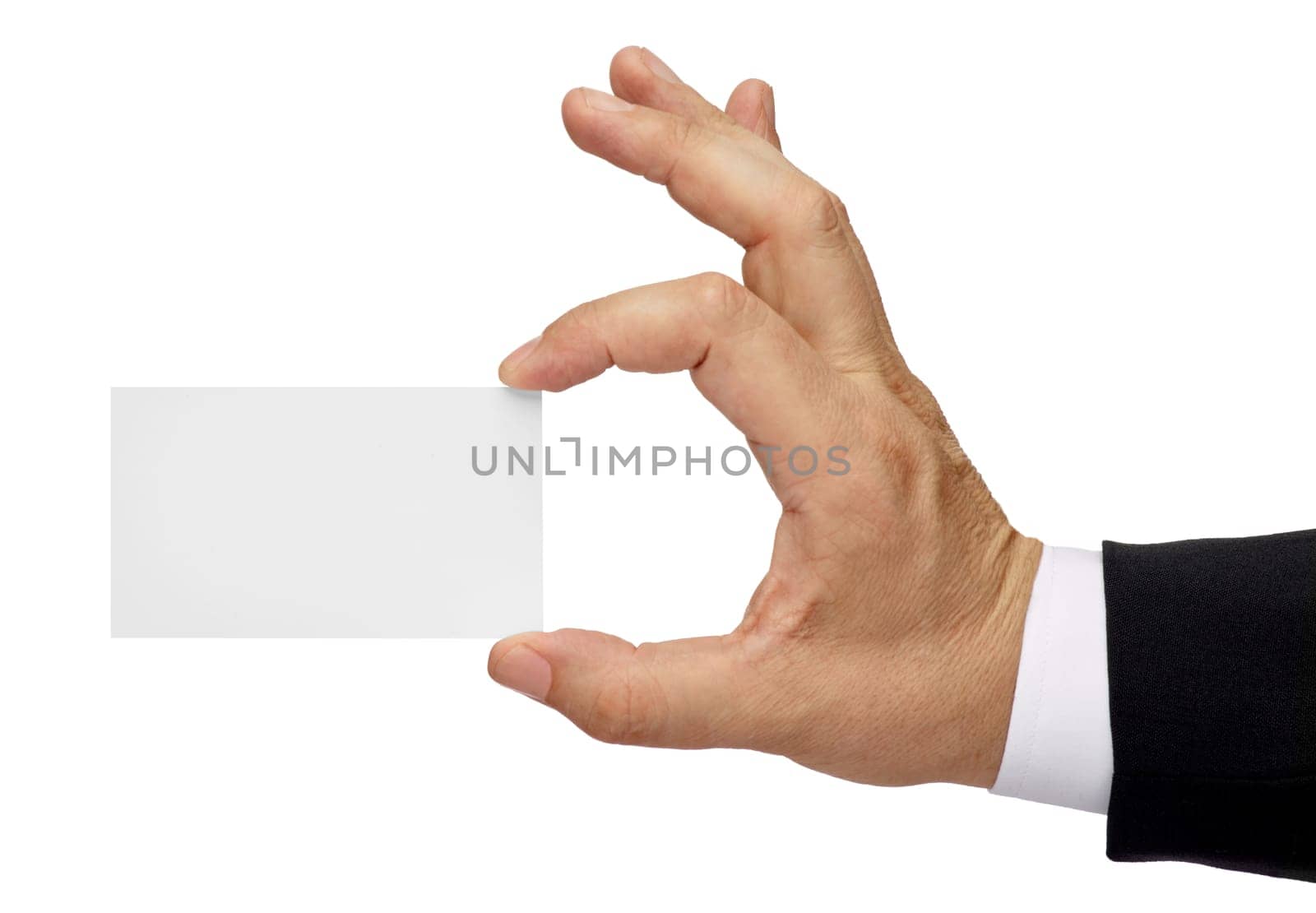 close up of a male hand holding blank note card sign on white background