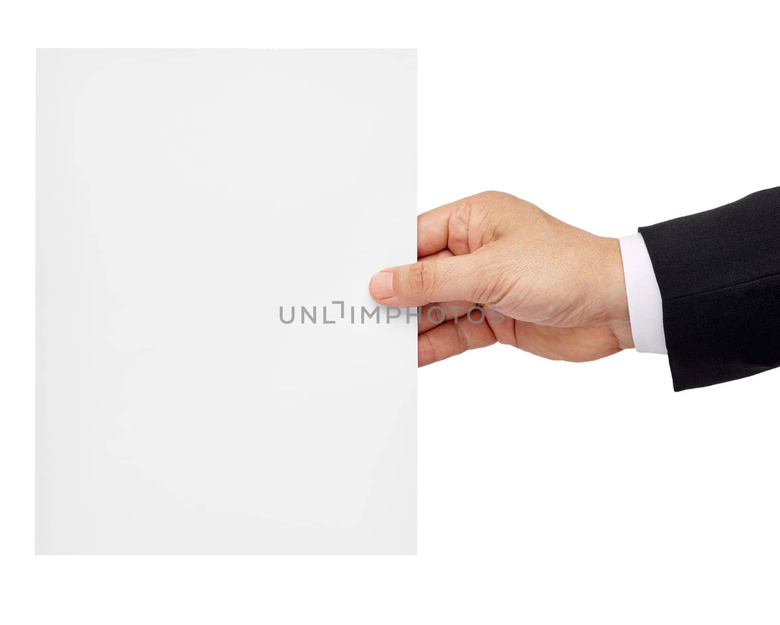 close up of a male hand holding blank note card sign on white background